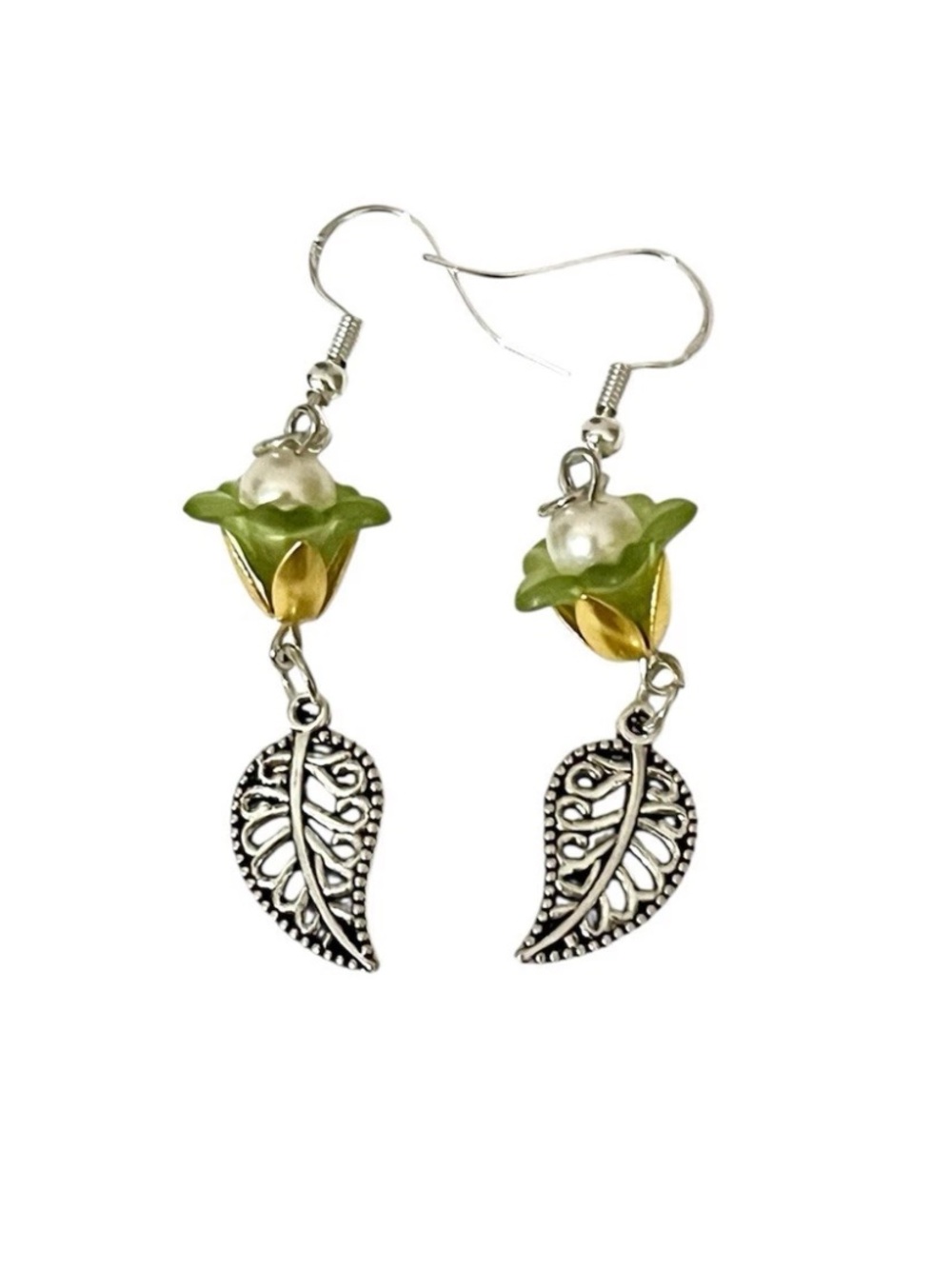 Green Flower Pearl Dangle Earrings Silver Tone Filigree Fall Leaf  Boho Handmade